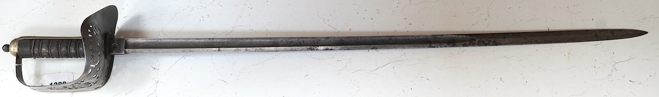 An 1897 pattern infantry officer’s sword, blade etched with crowned VR cypher, steel guard with GVR cypher, blade 83cm. Condition - fair, generally worn